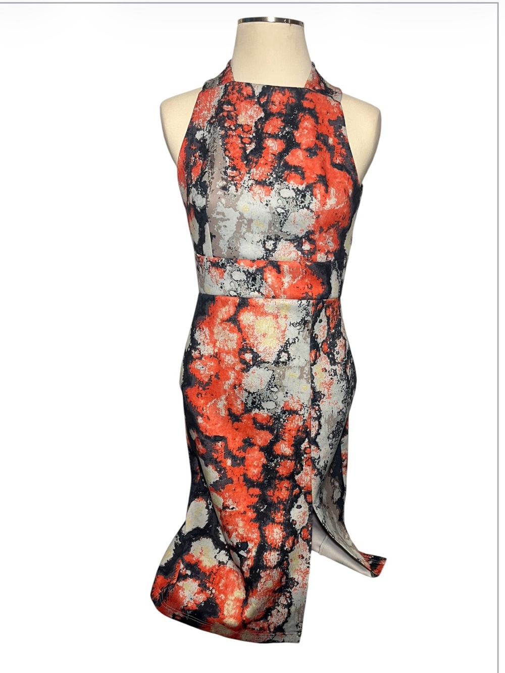 ASOS Red, Navy and White Abstract Print Midi Dress with Front Slit